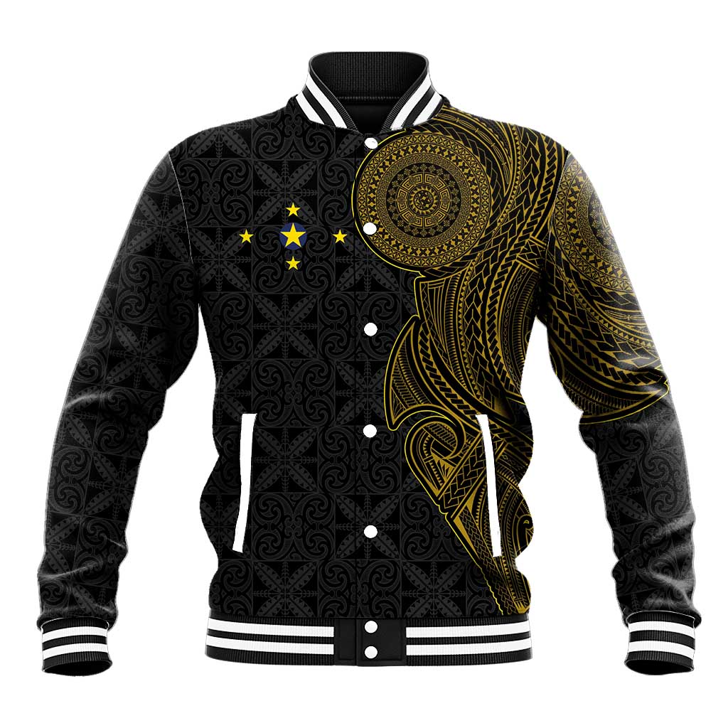 Niue Polynesian Hiapo Tattoo Art Baseball Jacket Half Style Black Gold Color LT03 Unisex Black - Polynesian Pride