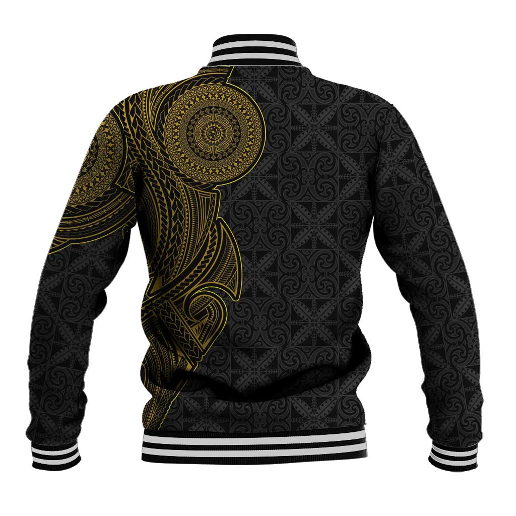 Niue Polynesian Hiapo Tattoo Art Baseball Jacket Half Style Black Gold Color LT03 - Polynesian Pride