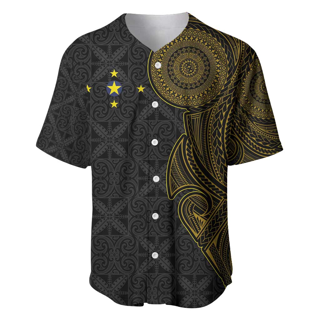 Niue Polynesian Hiapo Tattoo Art Baseball Jersey Half Style Black Gold Color LT03 Black - Polynesian Pride