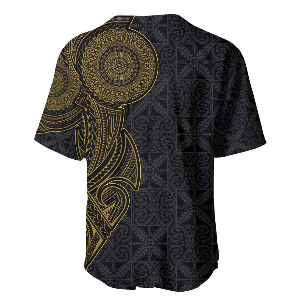 Niue Polynesian Hiapo Tattoo Art Baseball Jersey Half Style Black Gold Color LT03 - Polynesian Pride