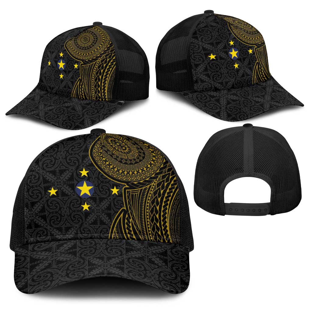 Niue Polynesian Hiapo Tattoo Art Baseball Net Cap Half Style Black Gold Color LT03 - Polynesian Pride