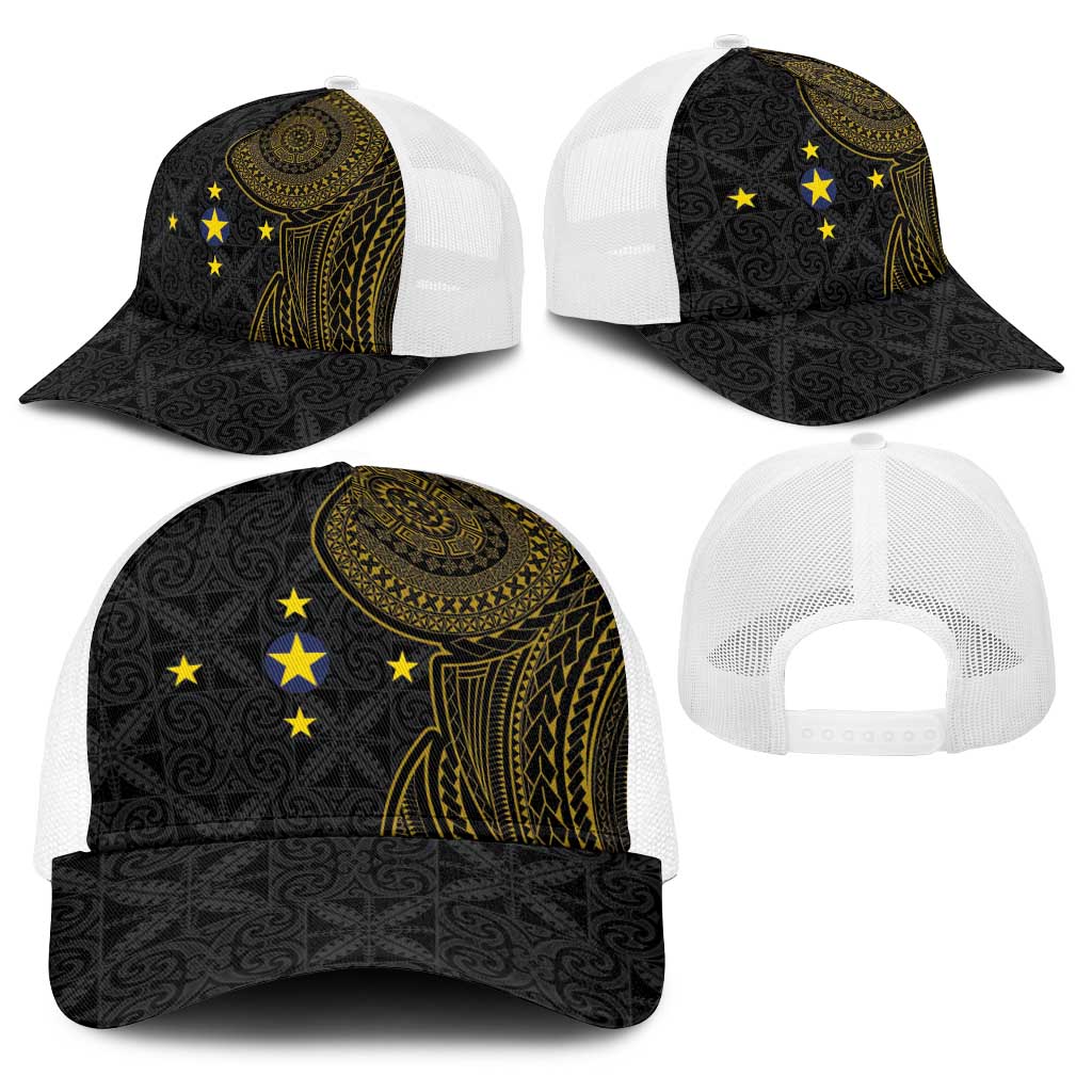 Niue Polynesian Hiapo Tattoo Art Baseball Net Cap Half Style Black Gold Color LT03 - Polynesian Pride
