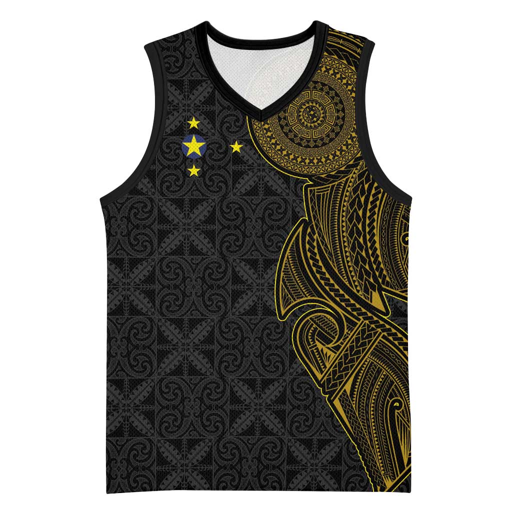 Niue Polynesian Hiapo Tattoo Art Basketball Jersey Half Style Black Gold Color LT03 Unisex Black - Polynesian Pride