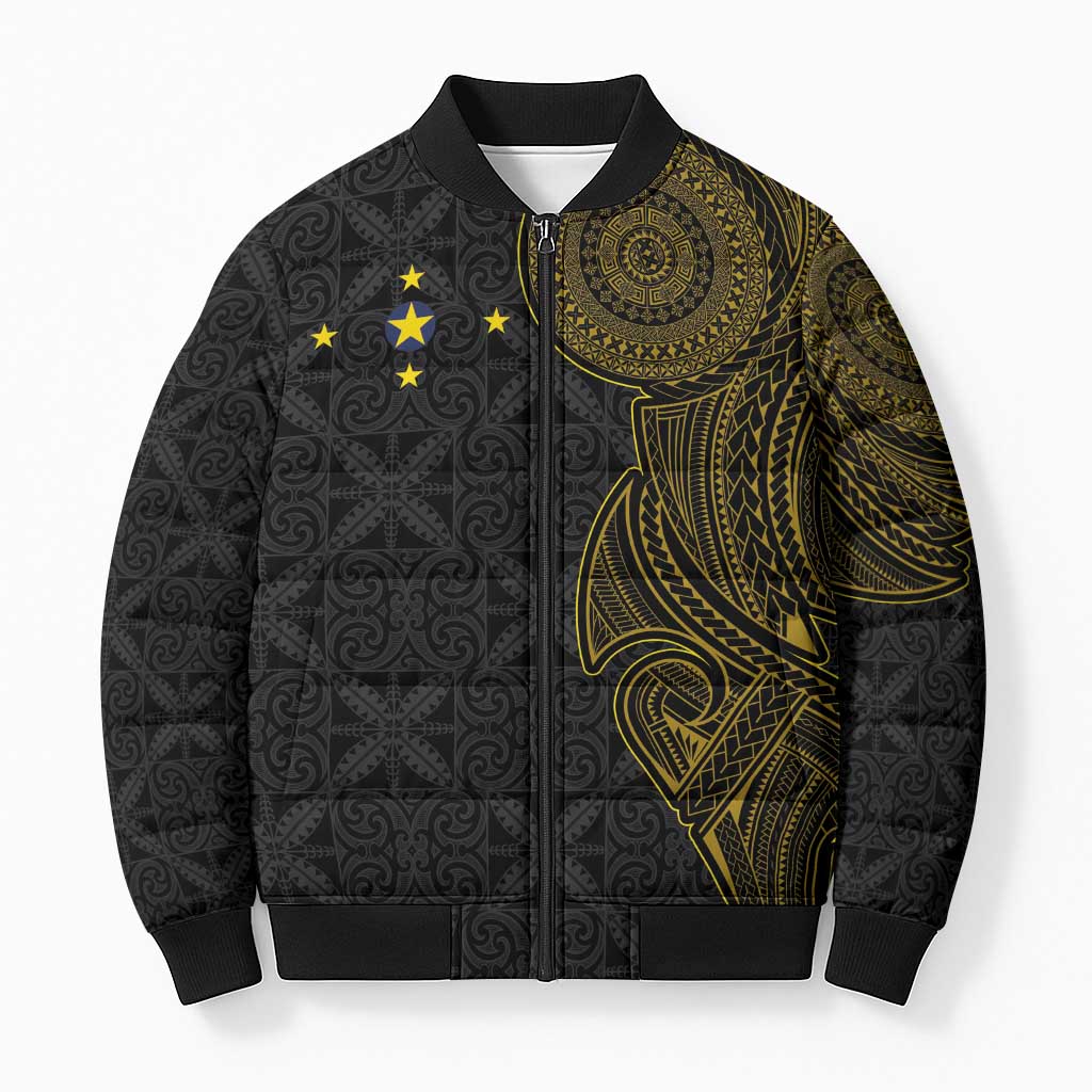 Niue Polynesian Hiapo Tattoo Art Bomber Puffer Jacket Half Style Black Gold Color LT03 Unisex Black - Polynesian Pride