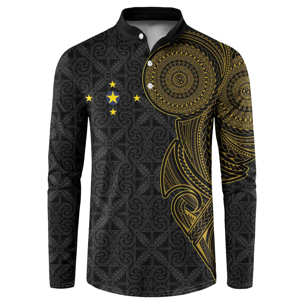 Niue Polynesian Hiapo Tattoo Art Button Sweatshirt Half Style Black Gold Color LT03 Black - Polynesian Pride