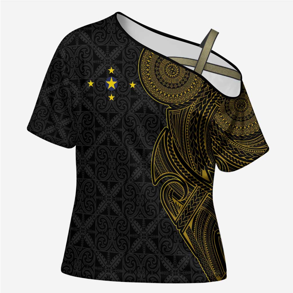Niue Polynesian Hiapo Tattoo Art Cross Shoulder Shirt Half Style Black Gold Color LT03 Female Black - Polynesian Pride