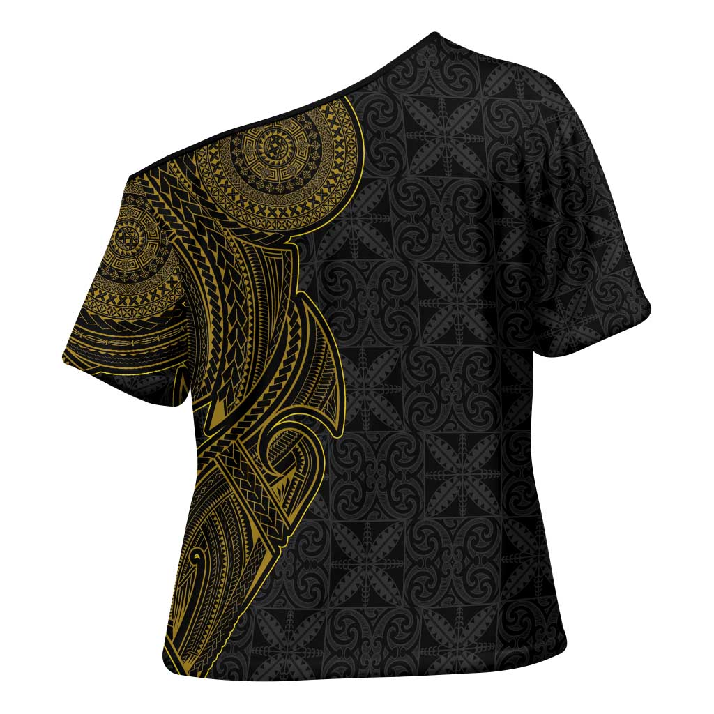 Niue Polynesian Hiapo Tattoo Art Cross Shoulder Shirt Half Style Black Gold Color LT03 - Polynesian Pride