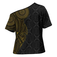 Niue Polynesian Hiapo Tattoo Art Cross Shoulder Shirt Half Style Black Gold Color LT03 - Polynesian Pride