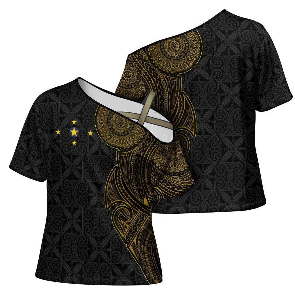 Niue Polynesian Hiapo Tattoo Art Cross Shoulder Shirt Half Style Black Gold Color LT03 - Polynesian Pride