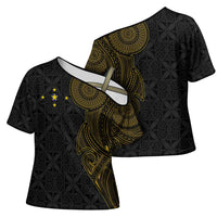 Niue Polynesian Hiapo Tattoo Art Cross Shoulder Shirt Half Style Black Gold Color LT03 - Polynesian Pride