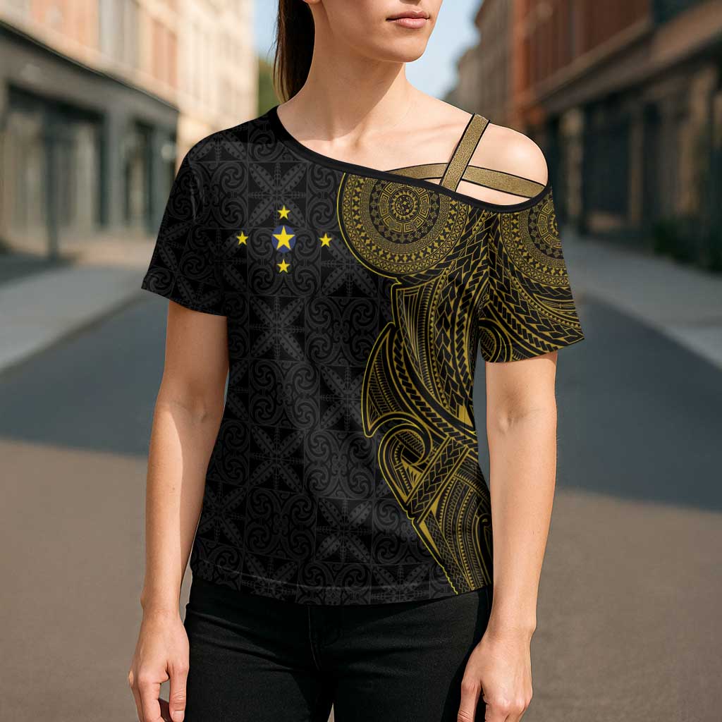 Niue Polynesian Hiapo Tattoo Art Cross Shoulder Shirt Half Style Black Gold Color LT03 - Polynesian Pride