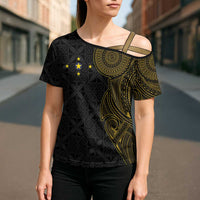 Niue Polynesian Hiapo Tattoo Art Cross Shoulder Shirt Half Style Black Gold Color LT03 - Polynesian Pride