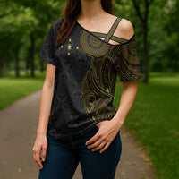 Niue Polynesian Hiapo Tattoo Art Cross Shoulder Shirt Half Style Black Gold Color LT03 - Polynesian Pride