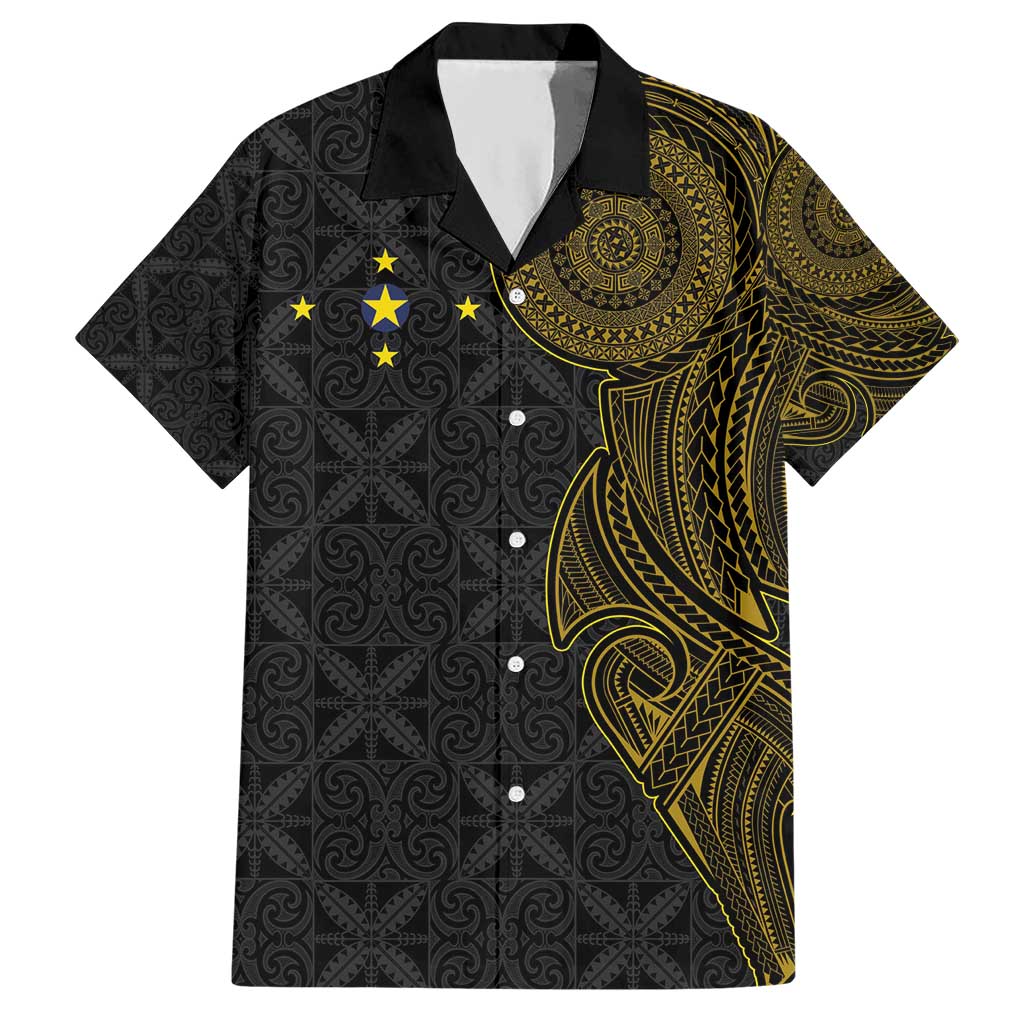 Niue Polynesian Hiapo Tattoo Art Hawaiian Shirt Half Style Black Gold Color LT03 Black - Polynesian Pride