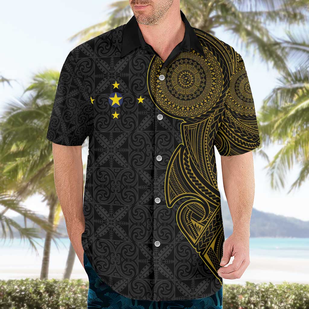 Niue Polynesian Hiapo Tattoo Art Hawaiian Shirt Half Style Black Gold Color LT03 - Polynesian Pride