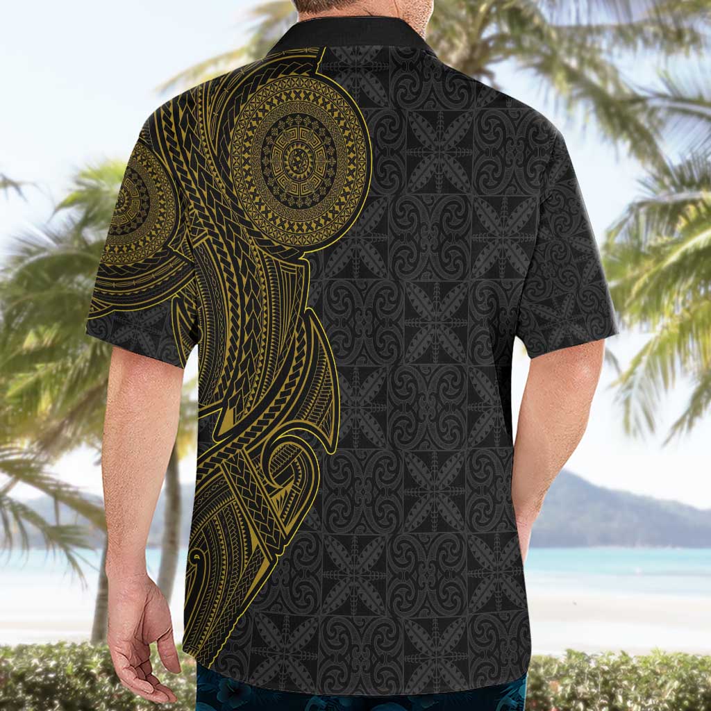 Niue Polynesian Hiapo Tattoo Art Hawaiian Shirt Half Style Black Gold Color LT03 - Polynesian Pride