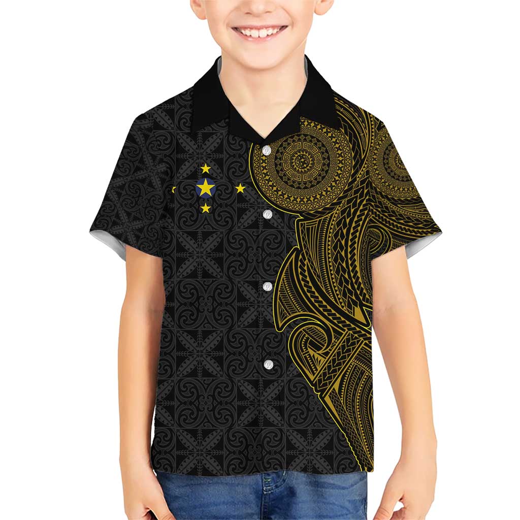 Niue Polynesian Hiapo Tattoo Art Hawaiian Shirt Half Style Black Gold Color LT03 - Polynesian Pride