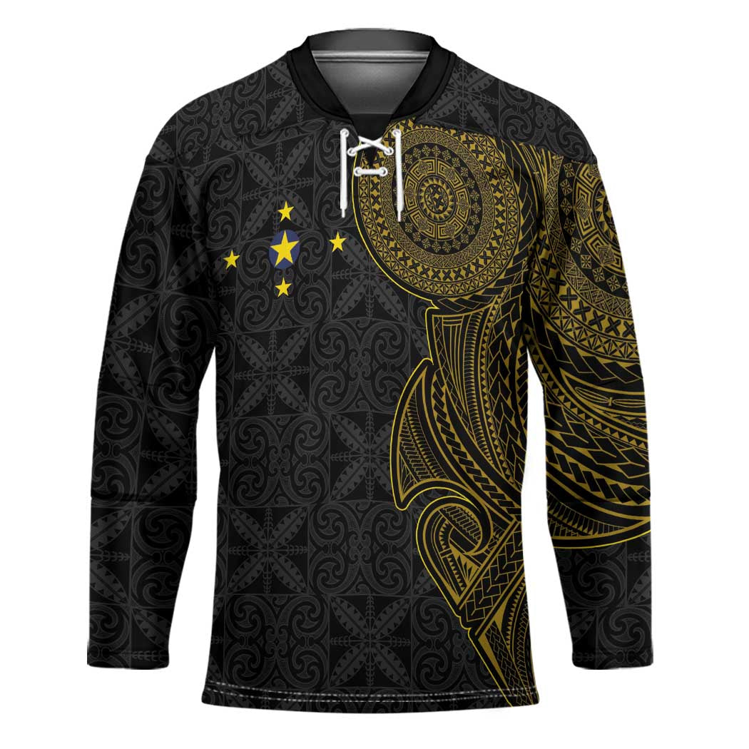 Niue Polynesian Hiapo Tattoo Art Hockey Jersey Half Style Black Gold Color LT03 Unisex Black - Polynesian Pride