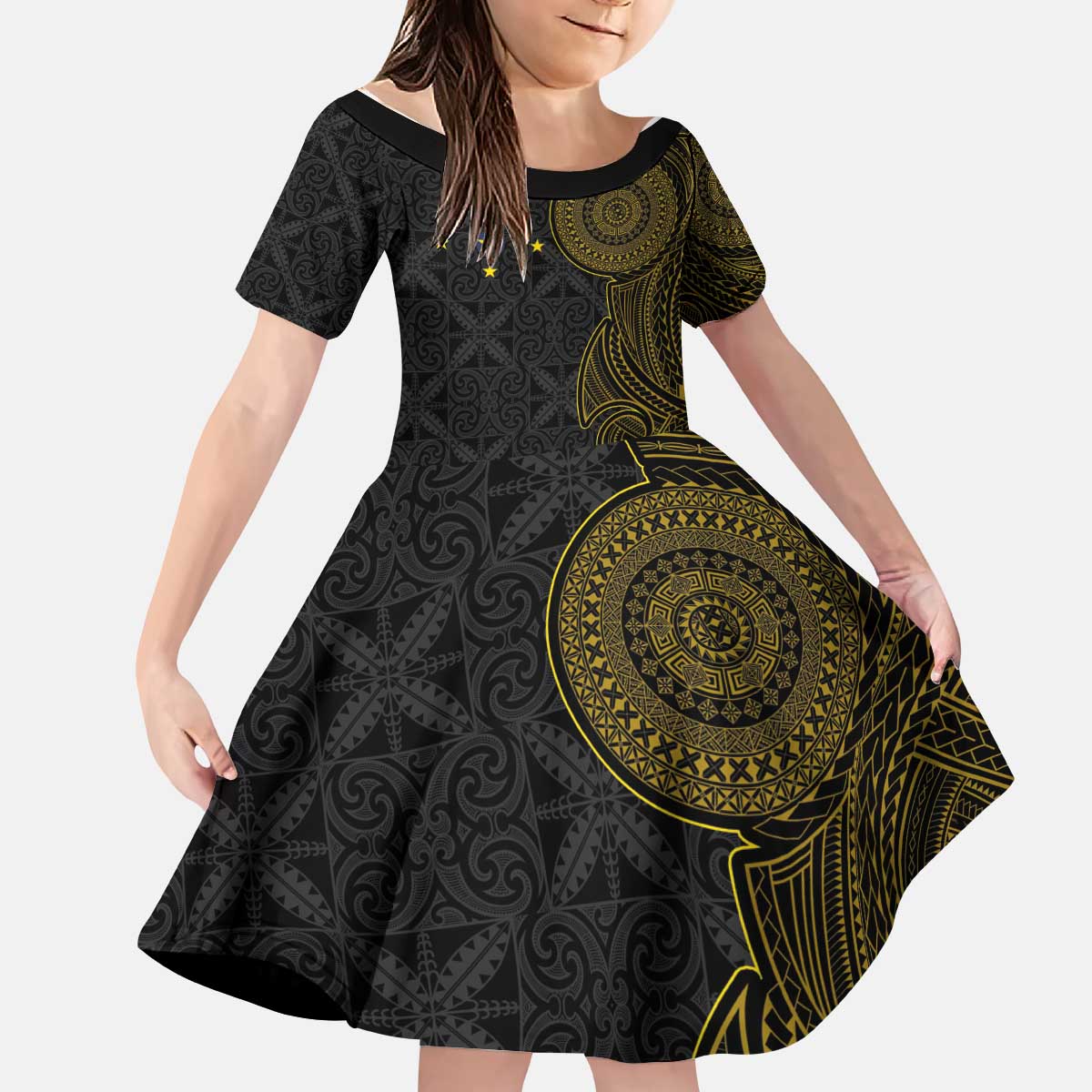 Niue Polynesian Hiapo Tattoo Art Kid Short Sleeve Dress Half Style Black Gold Color LT03 KID Black - Polynesian Pride