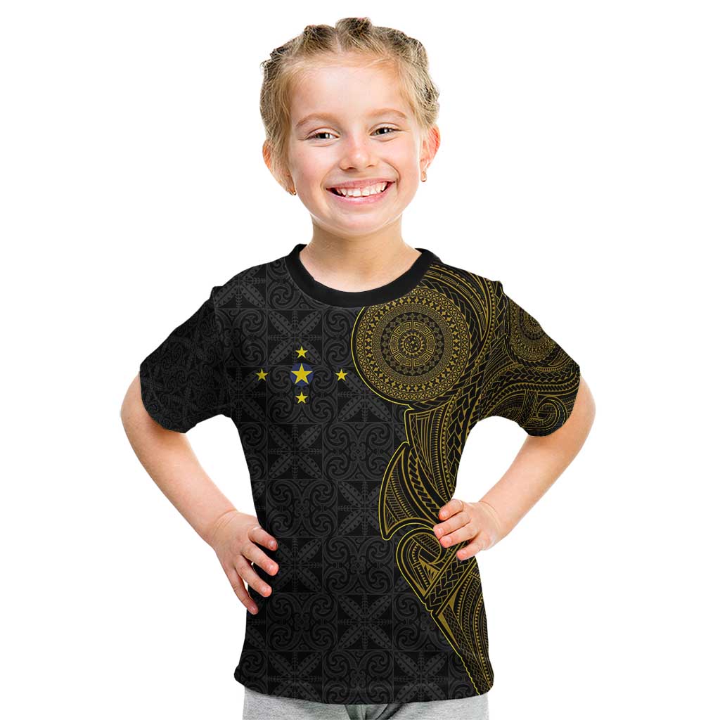 Niue Polynesian Hiapo Tattoo Art Kid T Shirt Half Style Black Gold Color LT03 Black - Polynesian Pride