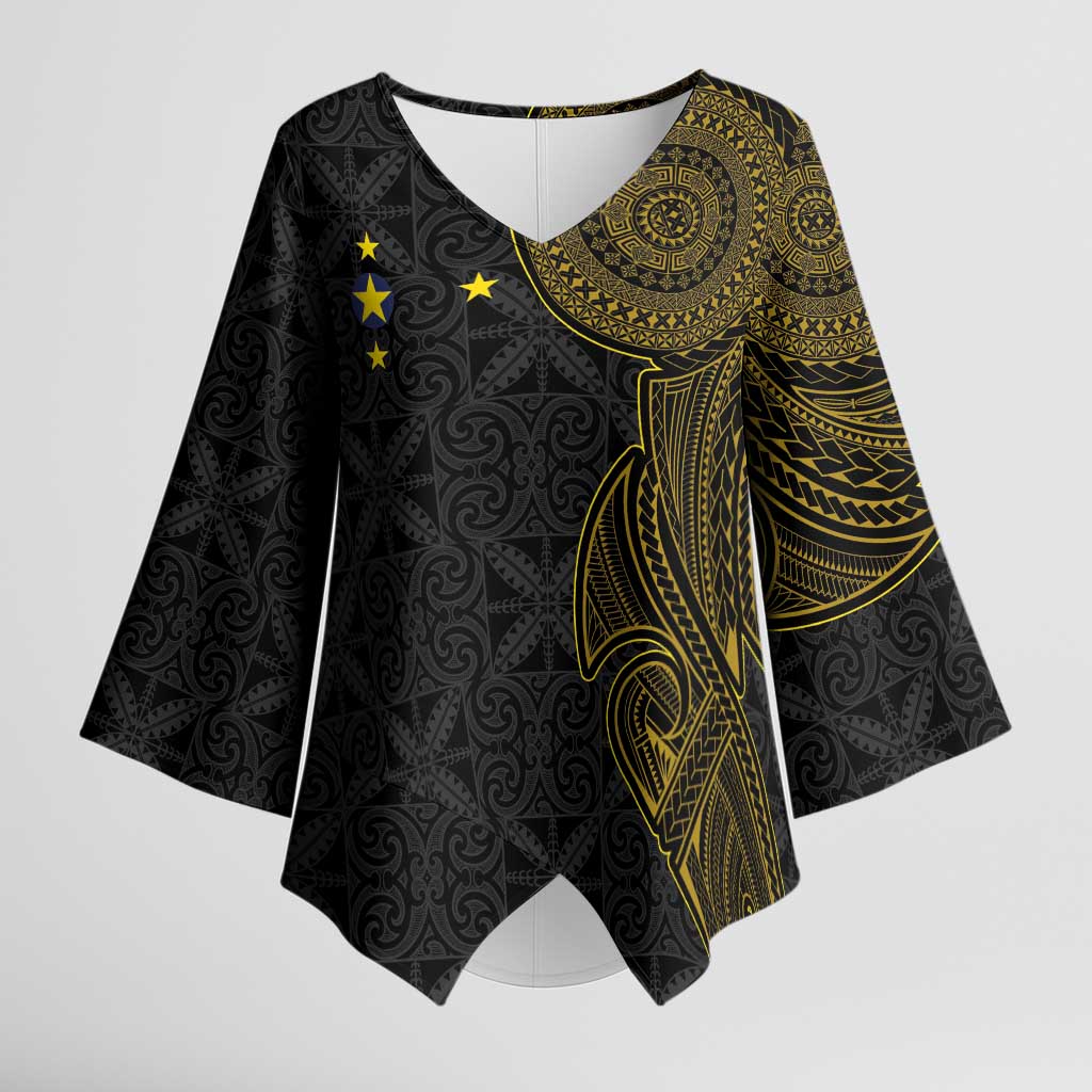 Niue Polynesian Hiapo Tattoo Art Kimono Sleeve Blouse Half Style Black Gold Color LT03 Female Black - Polynesian Pride