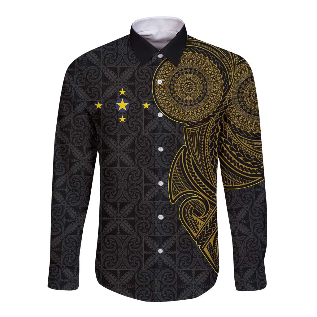 Niue Polynesian Hiapo Tattoo Art Long Sleeve Button Shirt Half Style Black Gold Color LT03 Unisex Black - Polynesian Pride