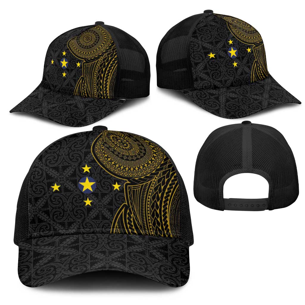 Niue Polynesian Hiapo Tattoo Art Mesh Trucker Cap Half Style Black Gold Color LT03 - Polynesian Pride