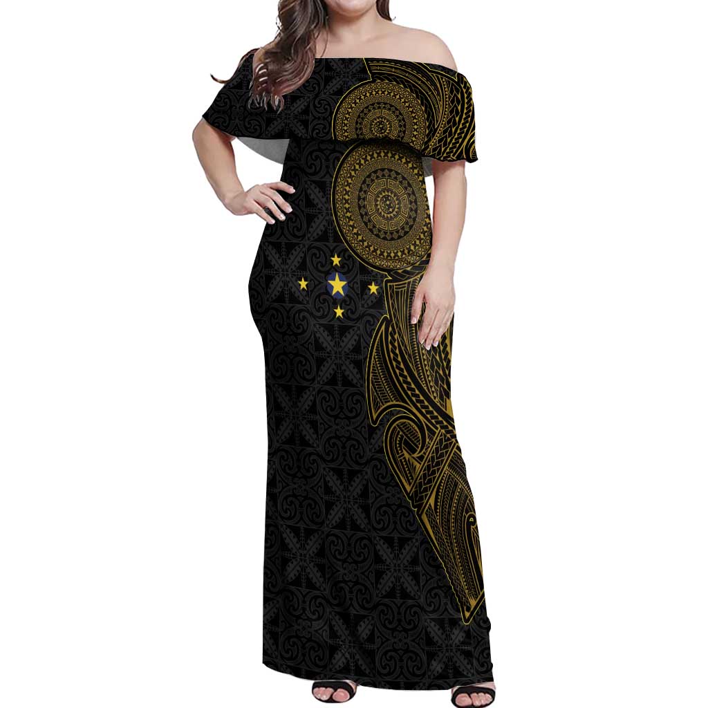 Niue Polynesian Hiapo Tattoo Art Off Shoulder Maxi Dress Half Style Black Gold Color LT03 Women Black - Polynesian Pride