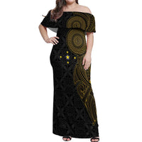 Niue Polynesian Hiapo Tattoo Art Off Shoulder Maxi Dress Half Style Black Gold Color LT03 Women Black - Polynesian Pride