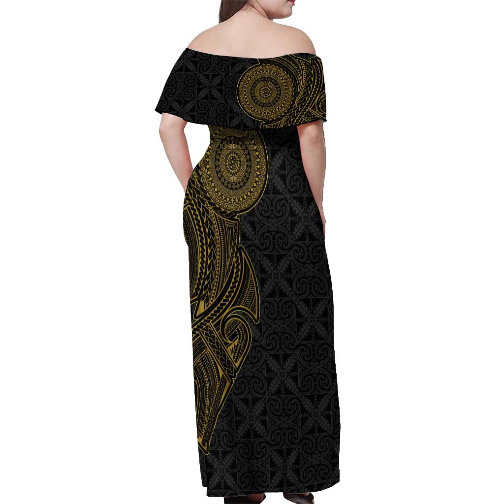 Niue Polynesian Hiapo Tattoo Art Off Shoulder Maxi Dress Half Style Black Gold Color LT03 - Polynesian Pride