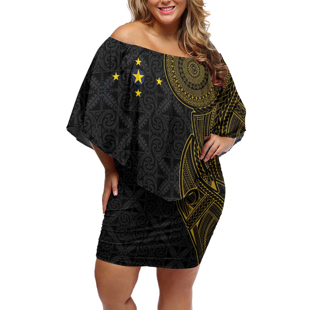 Niue Polynesian Hiapo Tattoo Art Off Shoulder Short Dress Half Style Black Gold Color LT03 Women Black - Polynesian Pride