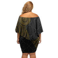 Niue Polynesian Hiapo Tattoo Art Off Shoulder Short Dress Half Style Black Gold Color LT03 - Polynesian Pride