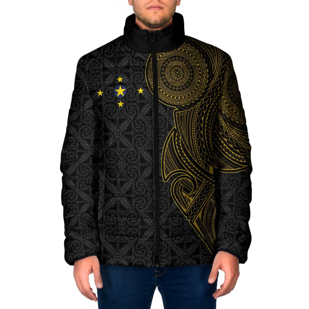 Niue Polynesian Hiapo Tattoo Art Padded Jacket Half Style Black Gold Color LT03 Men Black - Polynesian Pride