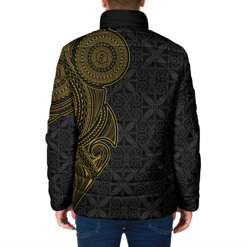 Niue Polynesian Hiapo Tattoo Art Padded Jacket Half Style Black Gold Color LT03 - Polynesian Pride