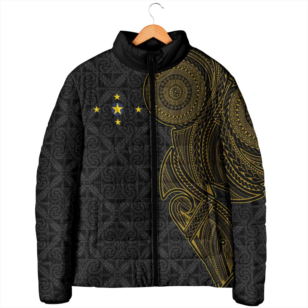 Niue Polynesian Hiapo Tattoo Art Padded Jacket Half Style Black Gold Color LT03 - Polynesian Pride