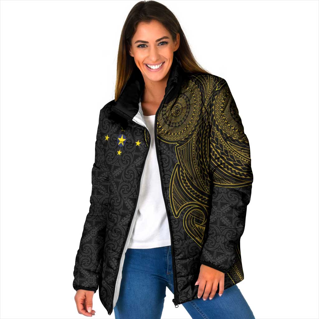 Niue Polynesian Hiapo Tattoo Art Padded Jacket Half Style Black Gold Color LT03 Women Black - Polynesian Pride