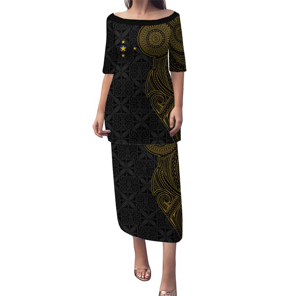 Niue Polynesian Hiapo Tattoo Art Puletasi Half Style Black Gold Color LT03 Long Dress Black - Polynesian Pride