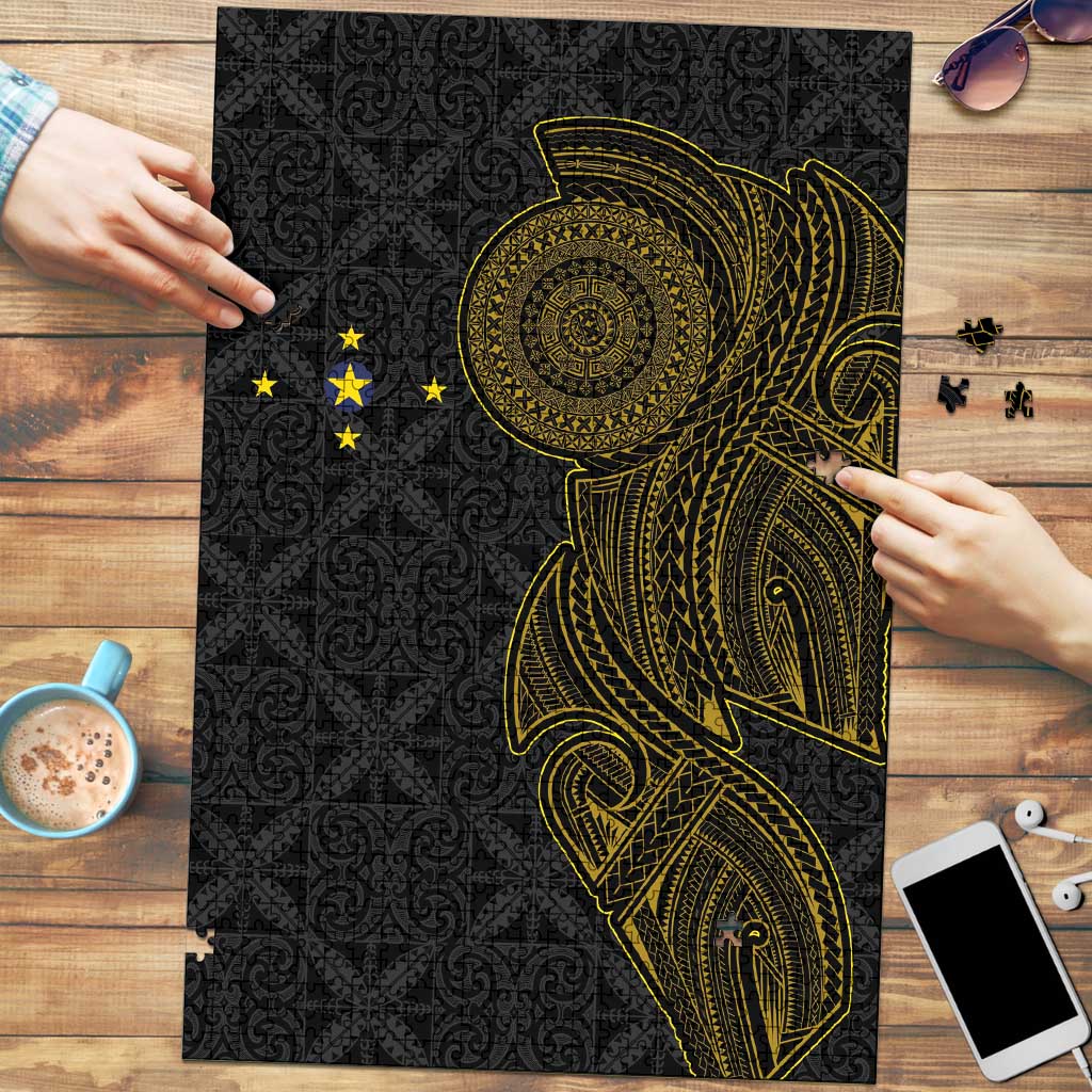 Niue Polynesian Hiapo Tattoo Art Puzzle Half Style Black Gold Color LT03 Black - Polynesian Pride