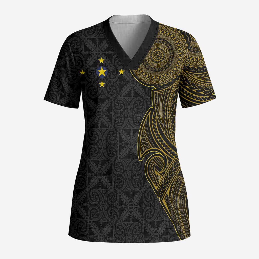 Niue Polynesian Hiapo Tattoo Art Scrub Top Half Style Black Gold Color LT03 Adult Black - Polynesian Pride