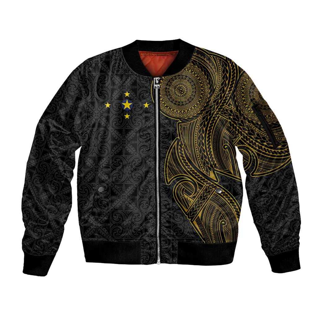Niue Polynesian Hiapo Tattoo Art Sleeve Zip Bomber Jacket Half Style Black Gold Color LT03 Unisex Black - Polynesian Pride