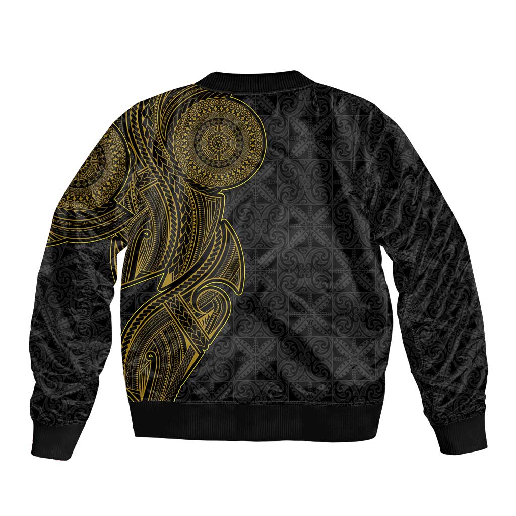 Niue Polynesian Hiapo Tattoo Art Sleeve Zip Bomber Jacket Half Style Black Gold Color LT03 - Polynesian Pride