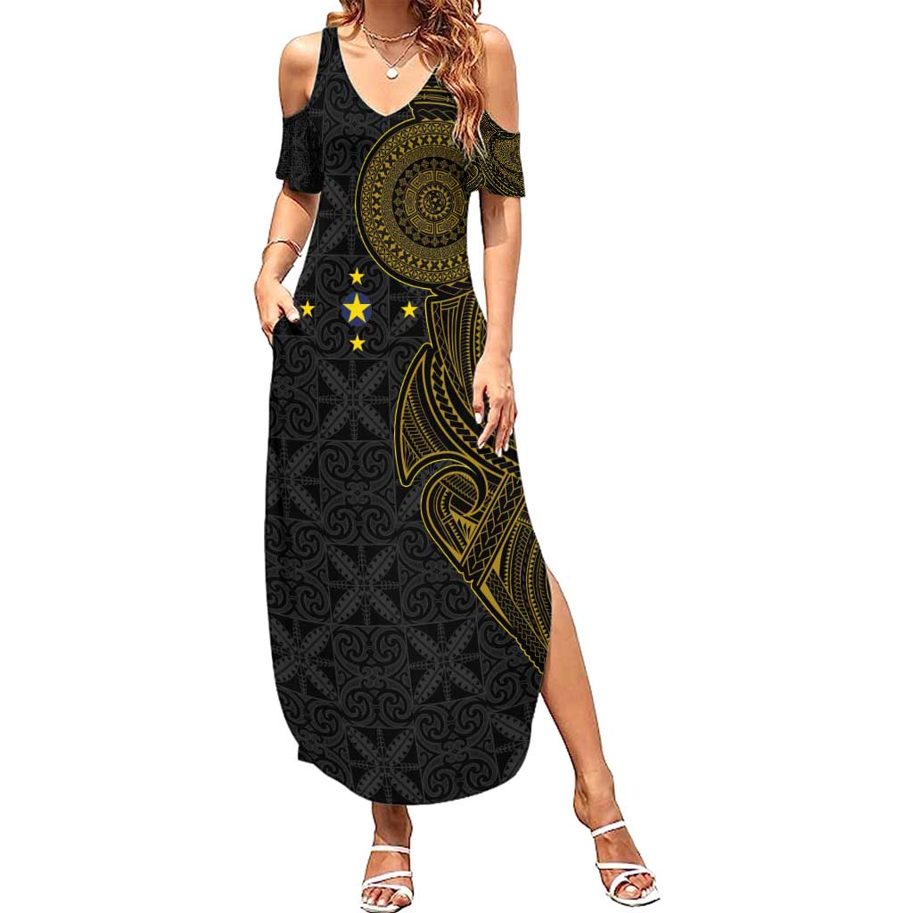 Niue Polynesian Hiapo Tattoo Art Summer Maxi Dress Half Style Black Gold Color LT03 Women Black - Polynesian Pride