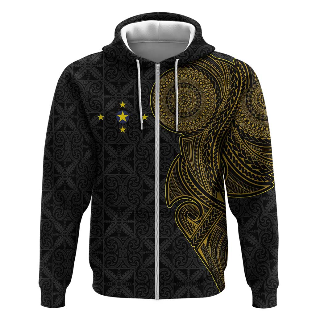Niue Polynesian Hiapo Tattoo Art Zip Hoodie Half Style Black Gold Color LT03 Zip Hoodie Black - Polynesian Pride