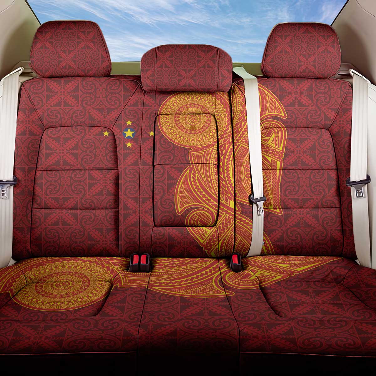 Niue Polynesian Hiapo Tattoo Art Back Car Seat Cover Half Style Red Yellow Color LT03 One Size Red - Polynesian Pride