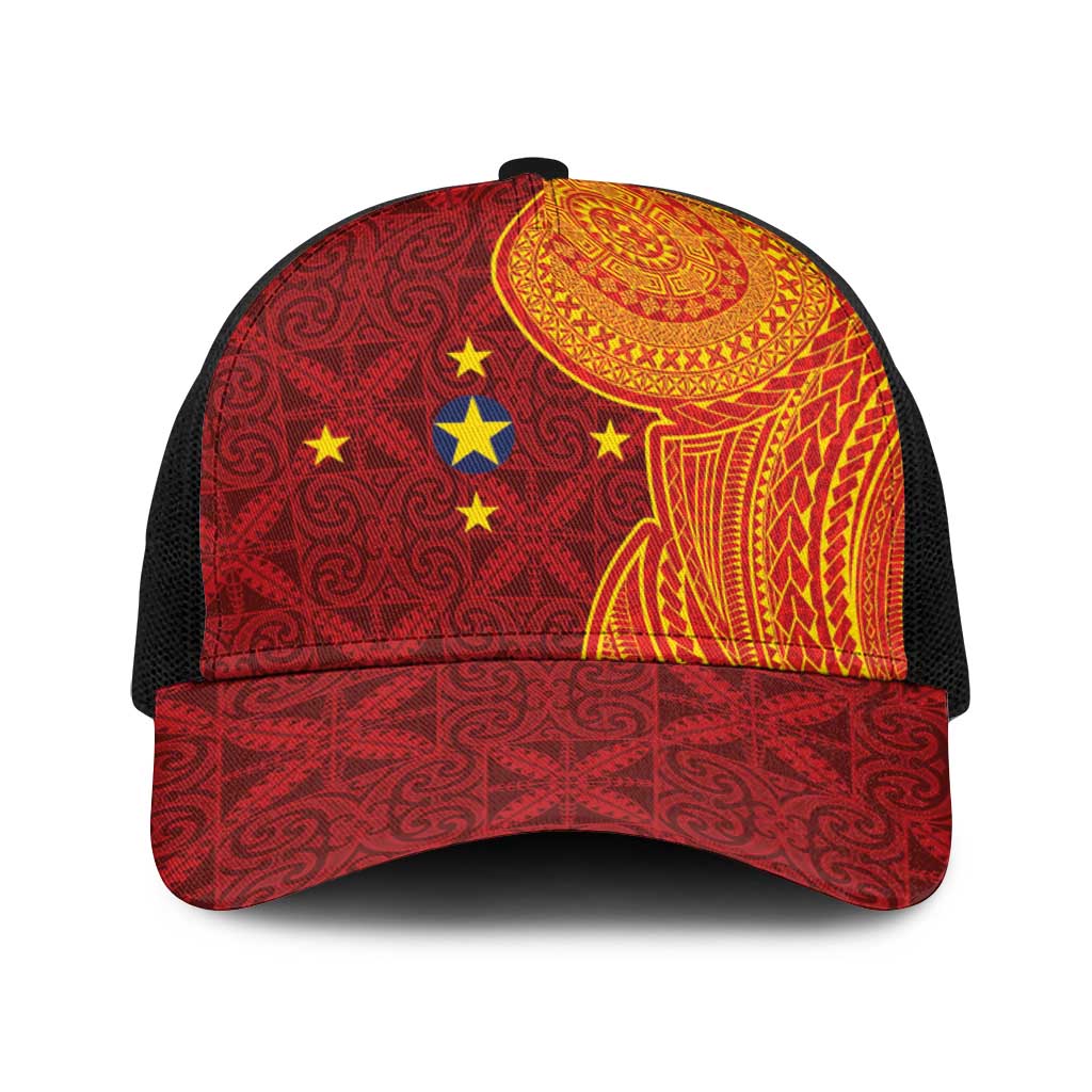 Niue Polynesian Hiapo Tattoo Art Baseball Net Cap Half Style Red Yellow Color LT03 One Size Black Red - Polynesian Pride