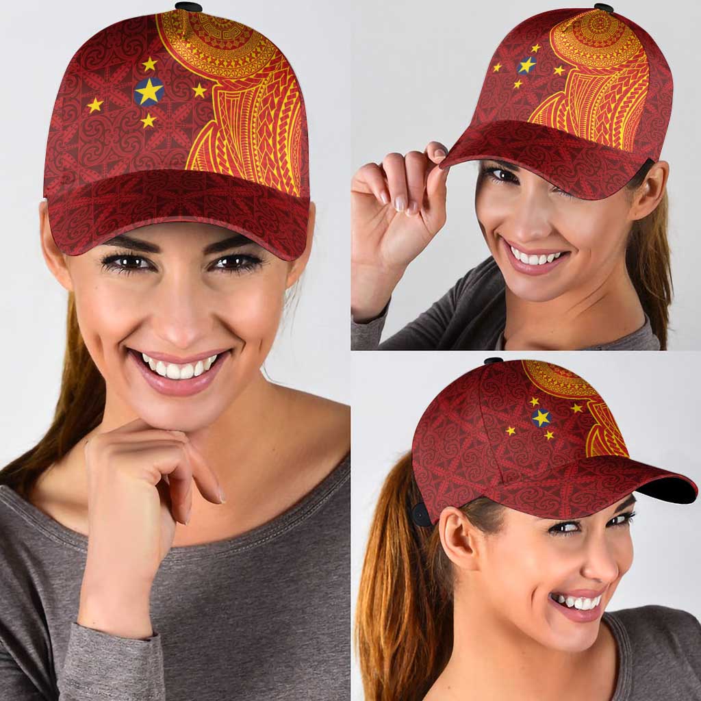 Niue Polynesian Hiapo Tattoo Art Classic Cap Half Style Red Yellow Color LT03 - Polynesian Pride
