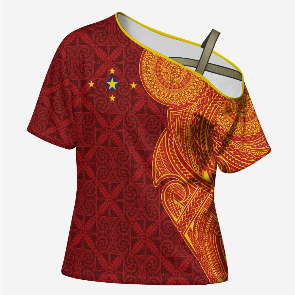 Niue Polynesian Hiapo Tattoo Art Cross Shoulder Shirt Half Style Red Yellow Color LT03 Female Red - Polynesian Pride