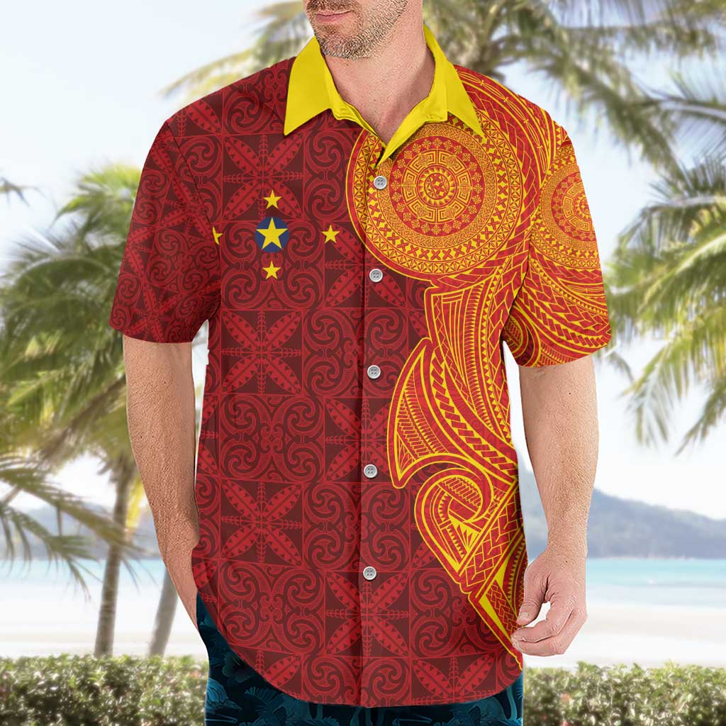 Niue Polynesian Hiapo Tattoo Art Hawaiian Shirt Half Style Red Yellow Color LT03 - Polynesian Pride