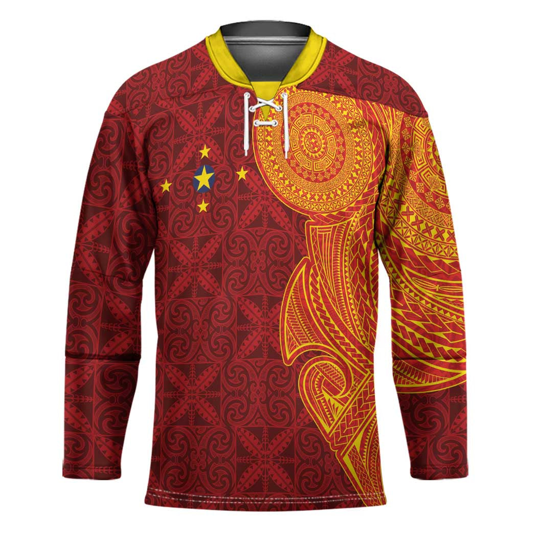 Niue Polynesian Hiapo Tattoo Art Hockey Jersey Half Style Red Yellow Color LT03 Unisex Red - Polynesian Pride