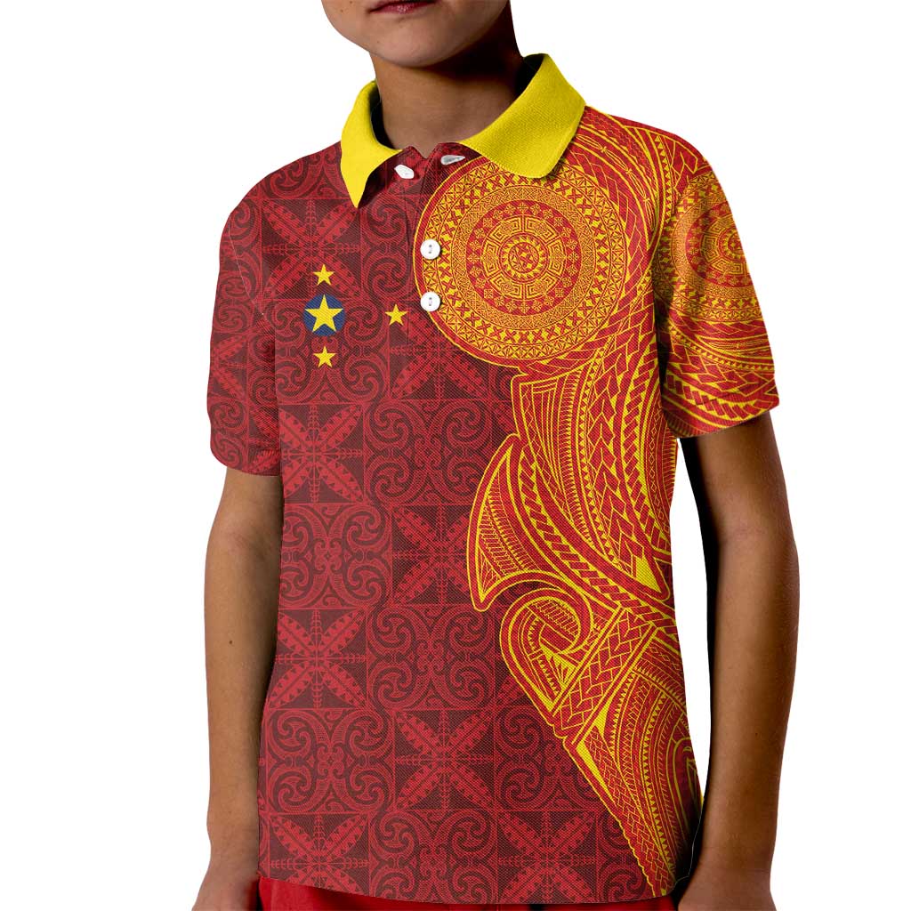 Niue Polynesian Hiapo Tattoo Art Kid Polo Shirt Half Style Red Yellow Color LT03 Kid Red - Polynesian Pride